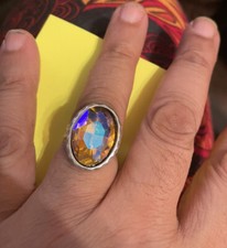 Retro Hammered Silver W/ Topaz Crystal Cabochon Ring - adjustable band - Size 8