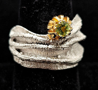 German Kabirski 925 Silver Blessing Peridot Ring sz 7.5/8 Gold Plated Rhodium