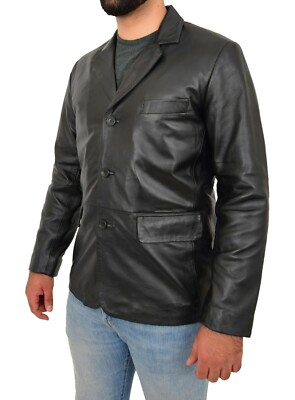 Echtleder klassischer Blazer für Herren Smart Casual Mantel drei Knöpfe schwarz Jacke