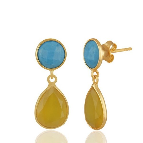 2 Stone Earrings Yellow Gold Plated Turquoise & Yellow Chalcedony Dangle Earring - Picture 3 of 5