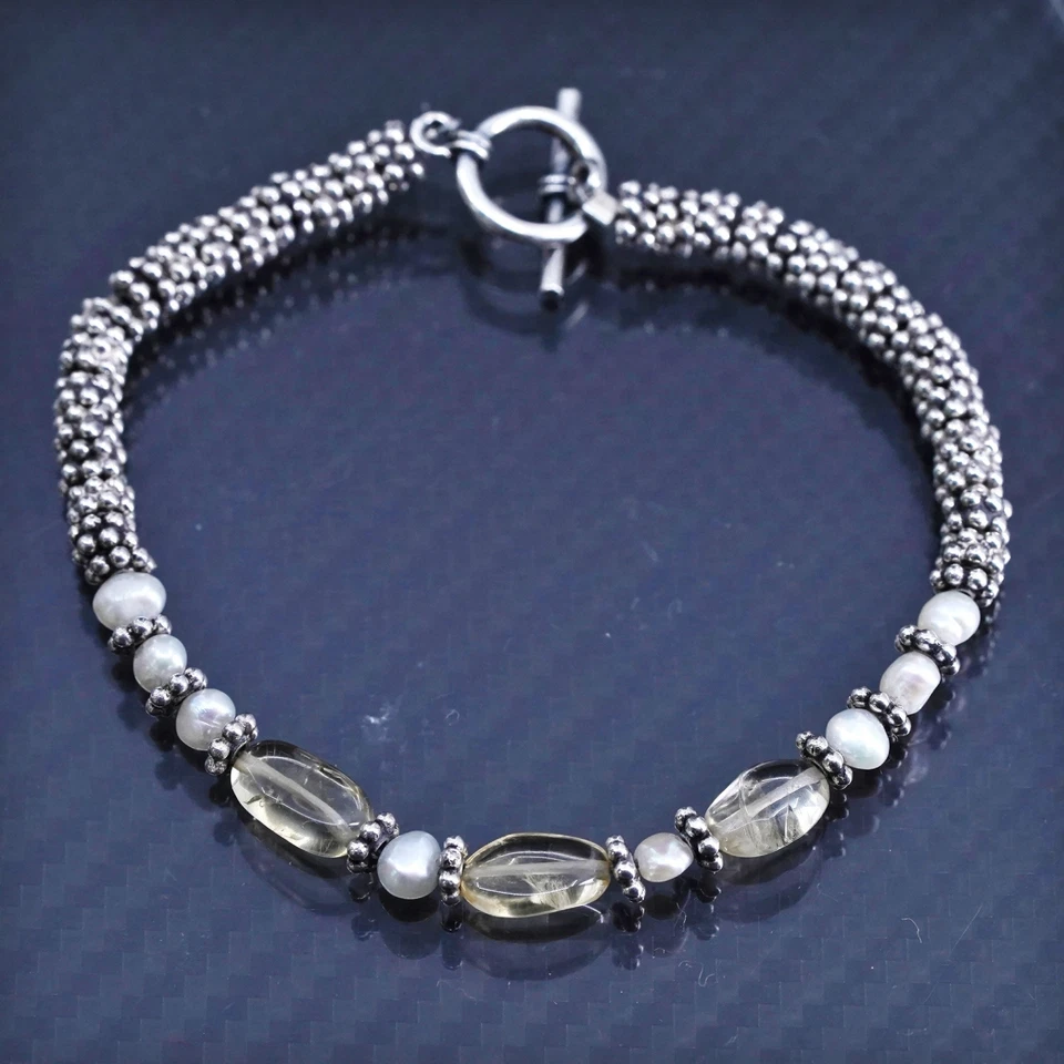 Pulsera de cuentas vintage de plata de ley 925 hecha a mano de 7”, con perla y citrino Foto 3 de 4