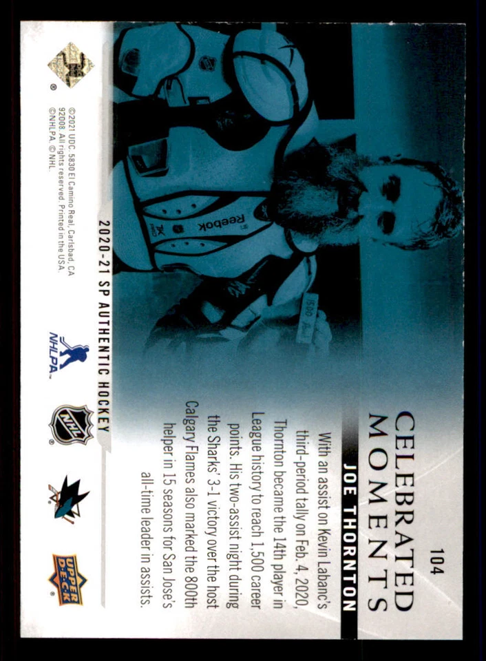 2020-21 SP Authentic #104 Joe Thornton CM - Image 2 of 2