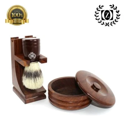 ZEVA CLASSIC WOOD BOAR BRISTLE SHAVING BRUSH, RAZOR STAND & BOWL WALNUT FINISH