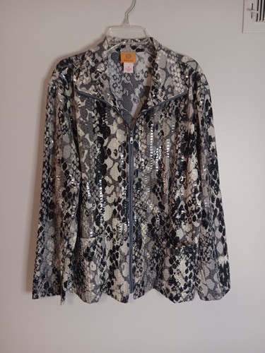 Ruby Rd Zip Up Blazer Jacket Animal Print Sz 16 Sequin Detail Black / Grey