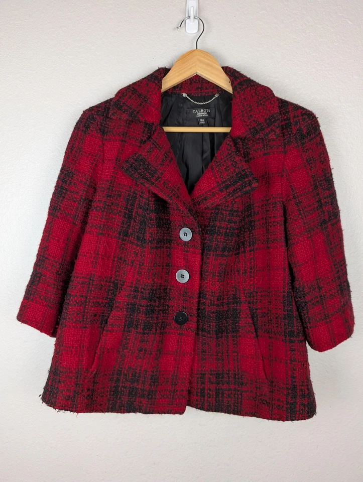 Chaqueta Talbots Mujer 14W Roja Negra Mezcla de Lana a Cuadros Forrada Abrigo de 3 Botones Foto 2 de 4