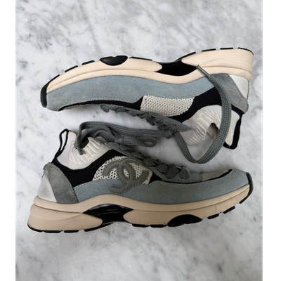 CHANEL Blue Suede Low Top Lace-Up Sneakers w/ CC Logo Unisex Adults