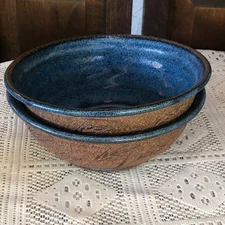 Studio Earthtone Pottery Cereal/Soup Bowls Vintage Signed Etched Stoneware VGC