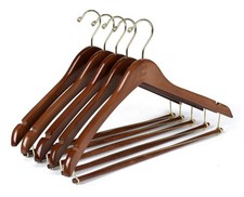 10 Curved Wooden Suit Hangers with Locking Bar Gold Hooks, Walnut Finish
