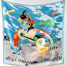 18 Momme Twill Silk Wrap Shawl Blue horse Print Scarf Square Neckerchief 88X88cm