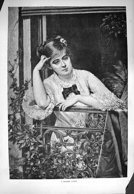 Alter antiker Druck 1884 moderne Julia schöne Dame Haus Fenster Fine Art 19.
