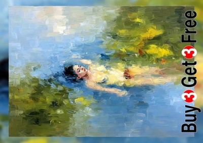 Schwebende Figur Flussszene Ölkunst 5''x7'' Druck auf mattem Papier | Skinny Dip Art