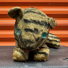 Vintage 1950s Tiger Plush Stuffed Animal in Yellow Black Striped Blue Eyes