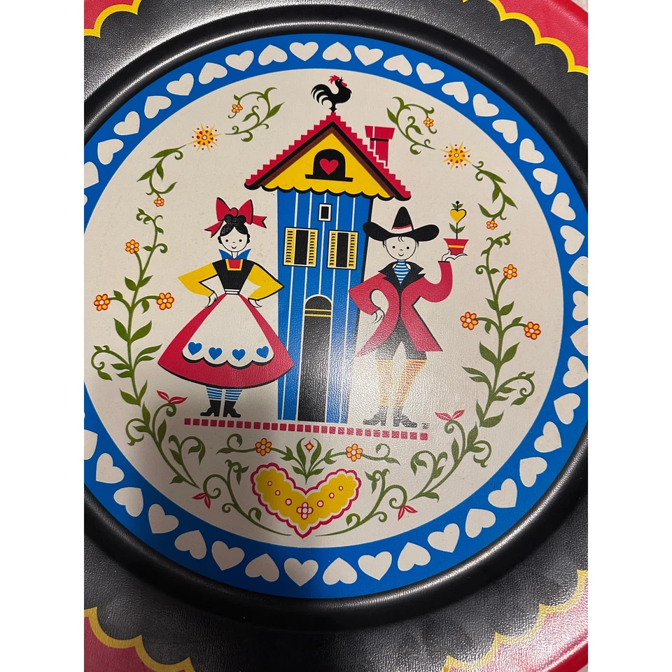 Pennsylvania Dutch Folk Art XL Decorative Round Tin Platter Vintage - Image 3 of 4
