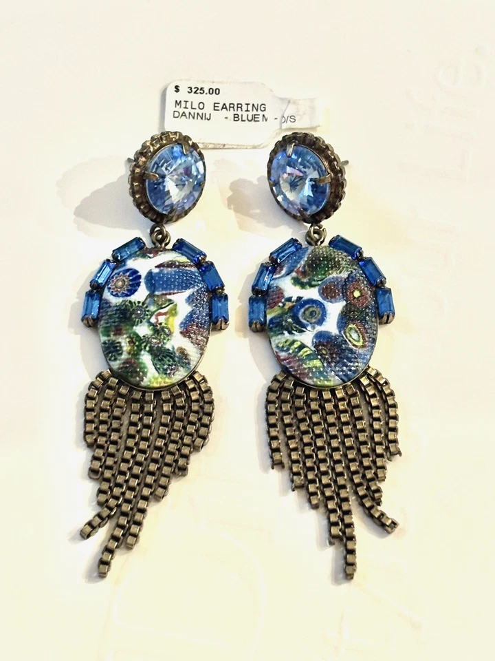 Authentic Dannijo MILO Earrings Blue Calypso Collab Statement Mosaic Fringe $325 - Image 2 of 4
