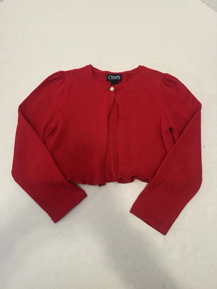 Suéter Chaps Rojo 6X/6 Niñas Recortado Acanalado Cuello Mangas Abomonadas Botón Único Foto 4 de 4