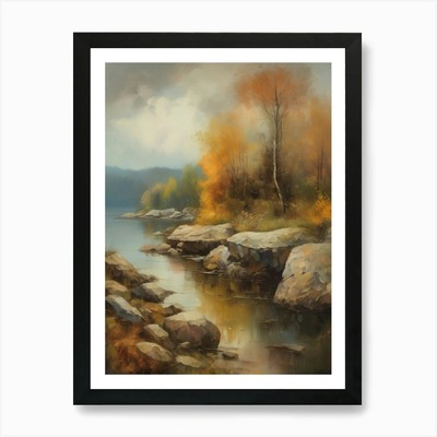 Herbstsee, Waldsee, Vintage Oi gerahmtes Wandbild Poster Leinwanddruck Bild