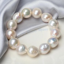 11-12mm Real South Sea Natural White Baroque Edison Pearl Elastic Bracelet 8 in