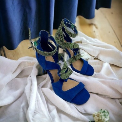 Gianni Bini Blue Suede Green Snake Skin 4'' Stiletto Sandal Heels 6.5M