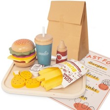 Pretend Play Food Set for Kids,Wooden Fast Food Playset with Tray H... Fast Ship