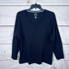 Croft & Barrow Top Womens 3X Black V-Neck T-Shirt Classic Tee Long Sleeve Cotton