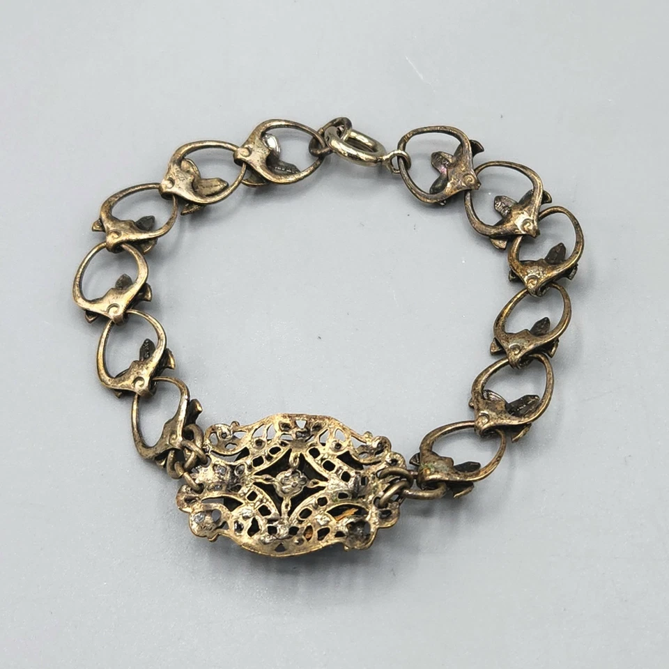 Brazalete Art Deco Azul Vidrio Satinado Placa Plata Repousse Panel Abierto Eslabón 7" Foto 3 de 4