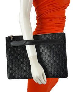 Gucci Auth Black Leather Guccissima Zip Medium Pouch Clutch Bag Runway AS IS