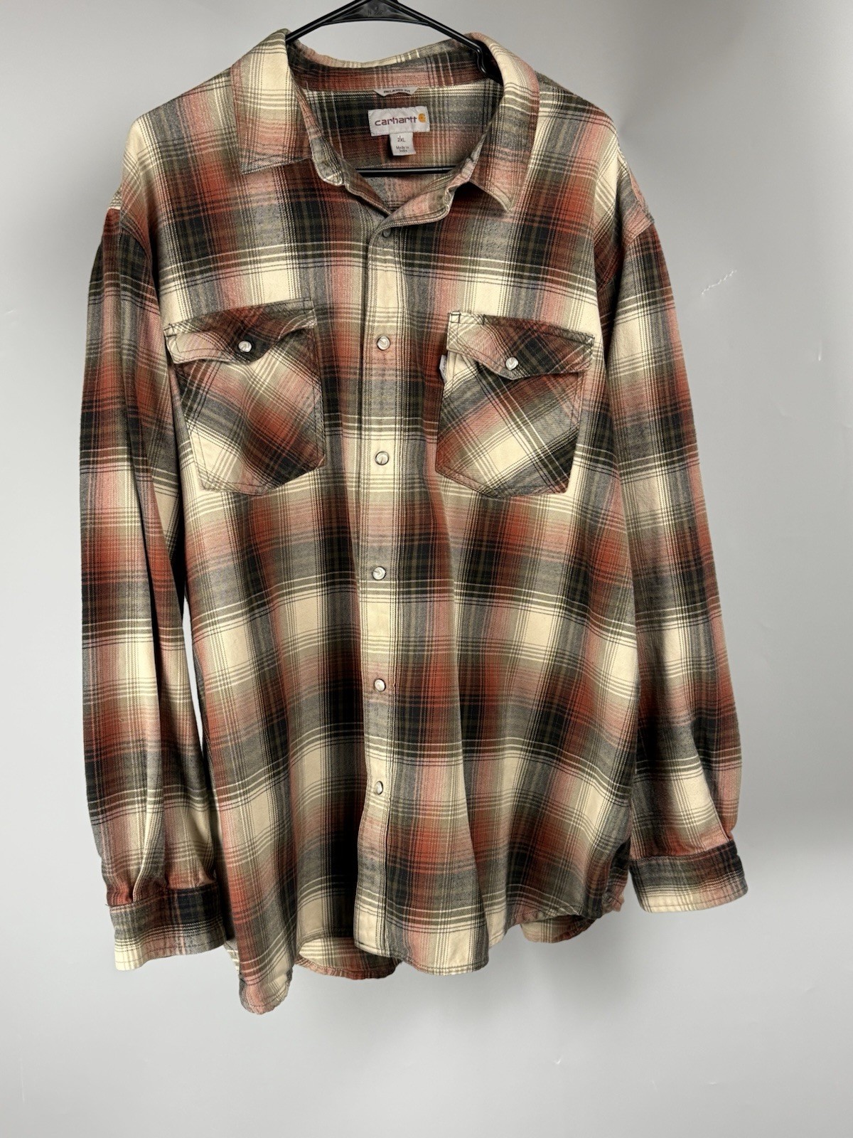 Carhartt Mens Flannel Shirt XXL Pearl Snap Relaxed Fit Red Black Plaid Button Up