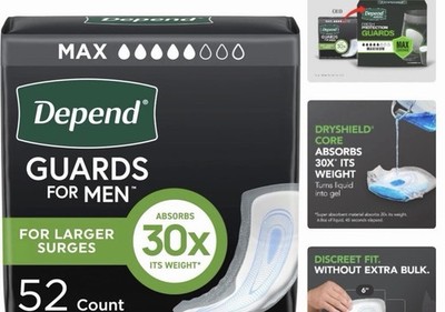 Depend Incontinence Guards for Men/Bladder Control Pads for Men, Maximum, 52ct