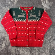 Vtg Eddie Bauer Holiday Deer Wool Cardigan Sweater Green Red Fair Isle L