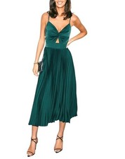 Emerald Green Medium Pleated Midi Dress with Knot Front & Spaghetti Straps