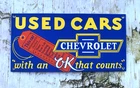 VINTAGE Used Cars CHEVROLET CHEVY DEALERSHIP GAS STATION PORCELAIN OIL SIGN
