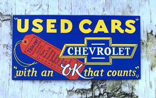 VINTAGE Used Cars CHEVROLET CHEVY DEALERSHIP GAS STATION PORCELAIN OIL SIGN