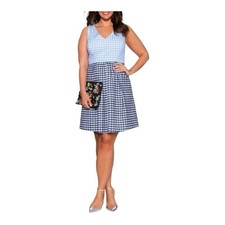Eloquii Gingham Fit and Flare Dress Womens 20 Blue Navy Mixed Print Sleeveless