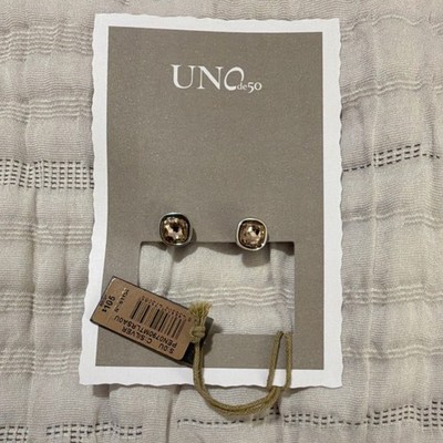 UNOde50 Silver Plated Crystal Stud Earrings Square Beige Stones Bezel Setting
