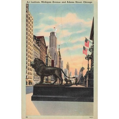 Vintage 1949 Art Institute Chicago Michigan Avenue Linen Postcard Lion Statue