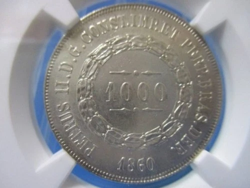Y0914 Brazil 1000 Reis Silver Coin 1860 / Superb Condition / Antique Coin / NGC 