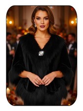 Women Faux Fur Shawls Wraps Wedding Cape Bridal Shrug Coat Brooch Bride Party