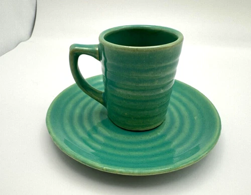 RARE Vintage Bauer Green Demitasse Cup and Saucer Ring Pattern - GOOD CONDITION