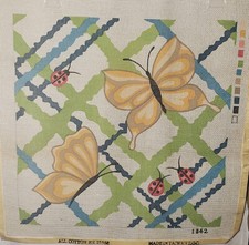 Butterflies  Lady Bugs 1980s Needlepoint Cotton Canvas 15" X 15" New Old Stock
