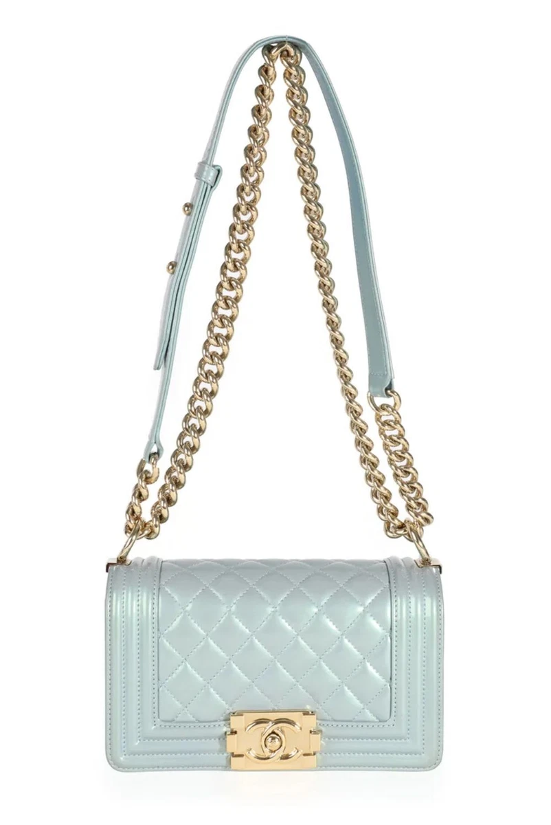 NWT CHANEL Iridescent Light Blue Patent Leather Boy Flap Bag Small