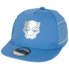 Boys Black Panther Silver Mask Logo Snapback Flat Bill Hat - Blue