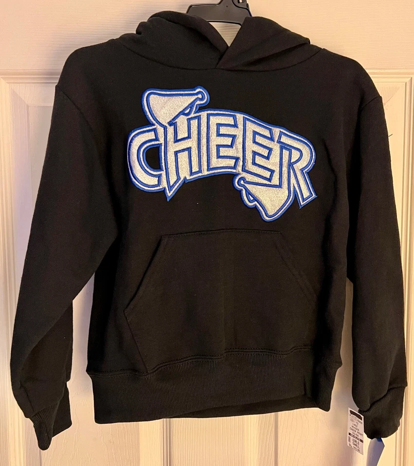 GK "CHEER" NIÑAS PEQUEÑA NEGRA SUDADERA CON CAPUCHA AZUL PLATA LOGOTIPO METÁLICO TALLA S Foto 2 de 4