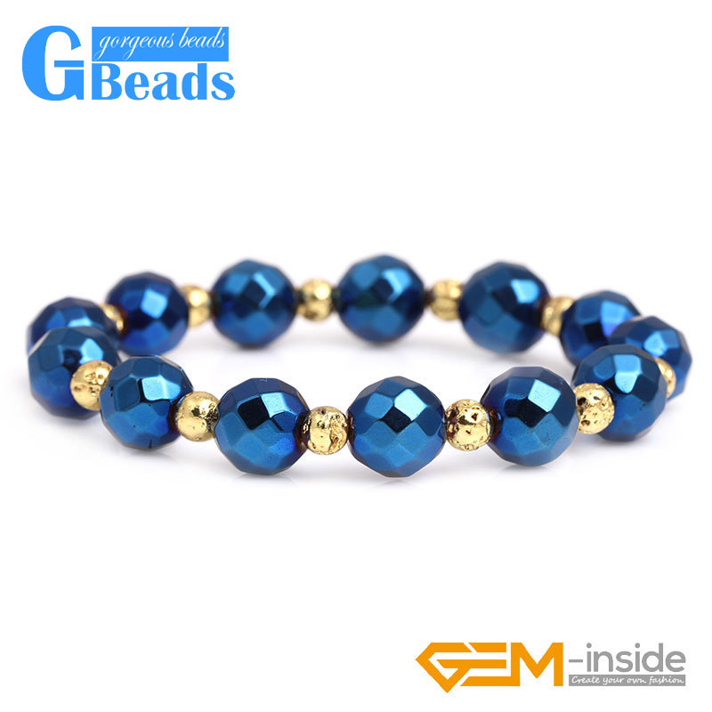 Bangle 9mm Faceted Coated Blue No Magentic Hematite Beaded Stretchy Bracelet-image