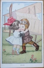 Fantasy Aviation 1923 Postcard, Ace Boy Kissing Girl, WWI Airplane