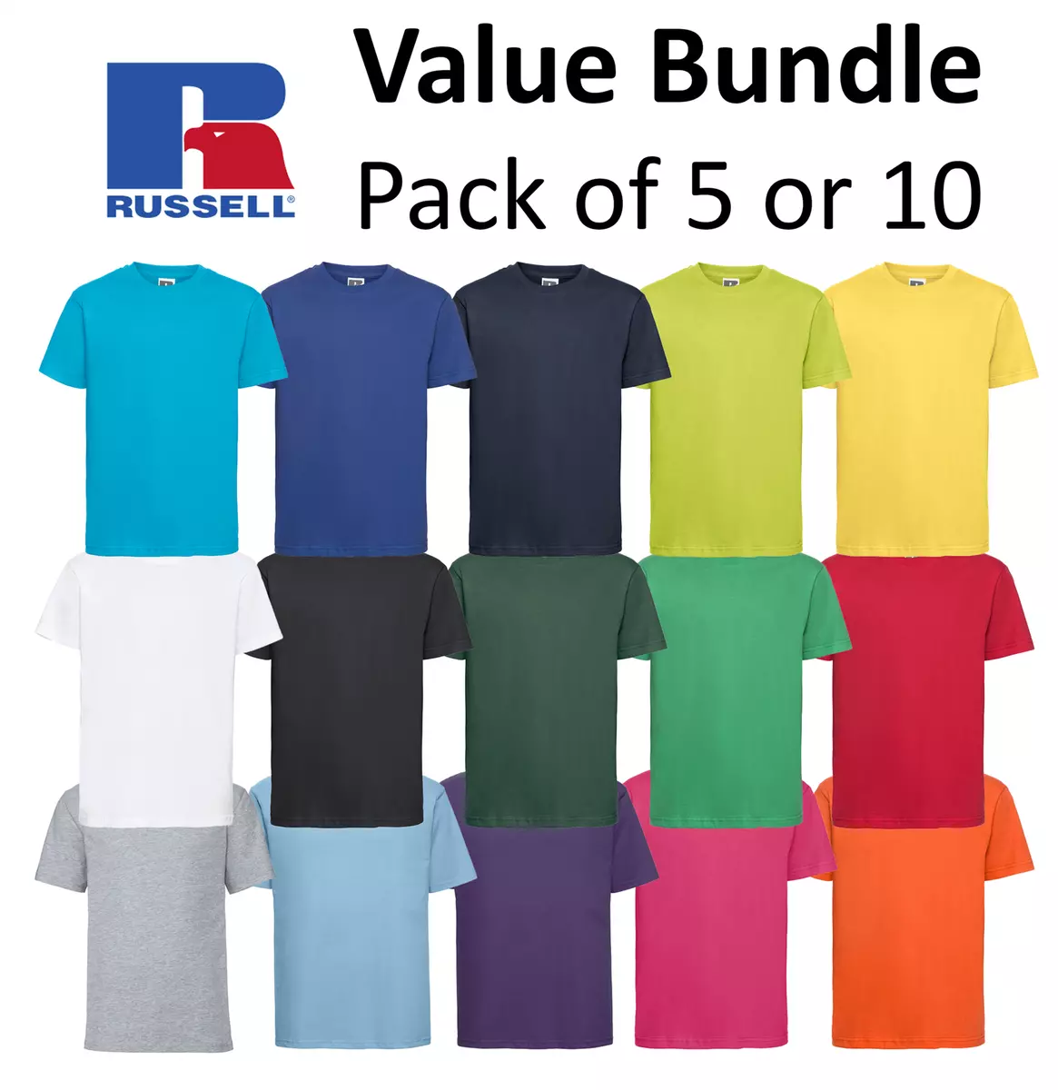 Mens Plain T Shirt Russell Classic Cotton Ringspun Short Sleeve Pack of 5 or 10
