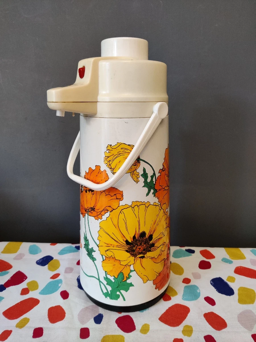 Vtg Retro Large Thermos Vacuum Flask Poppies Pattern 40cm Orange Picnic Camping
