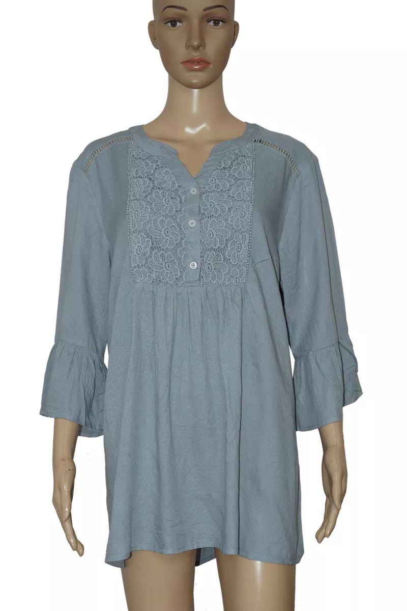 Gia Curves Crochet Lace Trim Bell Sleeve Button Blue Tunic Dress