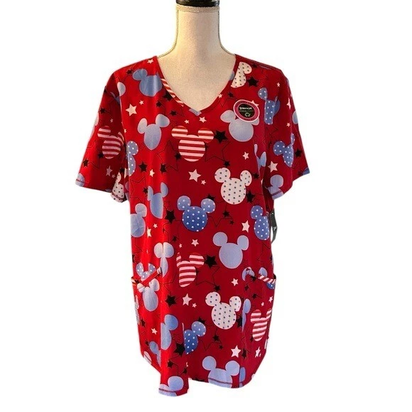Disney Mickey Mouse Patriotic Stars V Neck Medical Scrub Top Women's Size XL NEW - Image 2 of 4