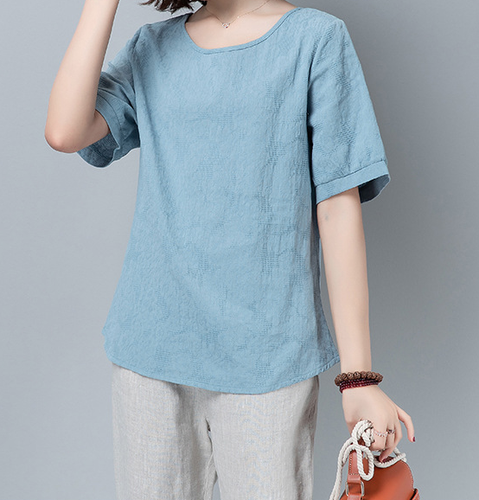 Women Top Soft Cotton/Linen Blouse Short Sleeves Clothing Summer Tee - Picture 2 of 3