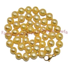 Natural 9-10mm Yellow Freshwater Cultured Baroque Pearl Jewelry Necklace 16-58''